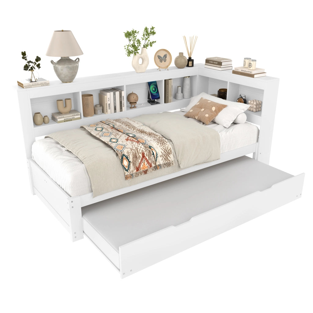 Daybed con letto estraibile, presa e 2 USB, 90x200 cm, truciolare bianco