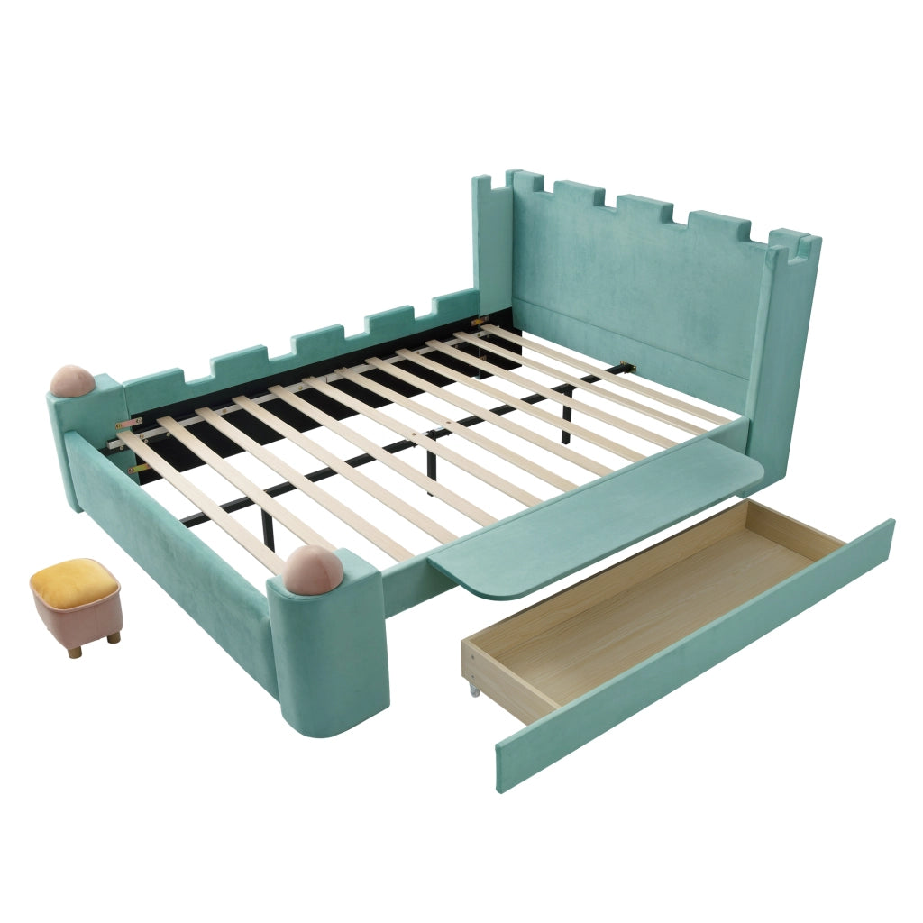 Letto per Bambini 140x200 cm; Matrimoniale con Ripiano pieghevole e Cassetto; Blu Verde