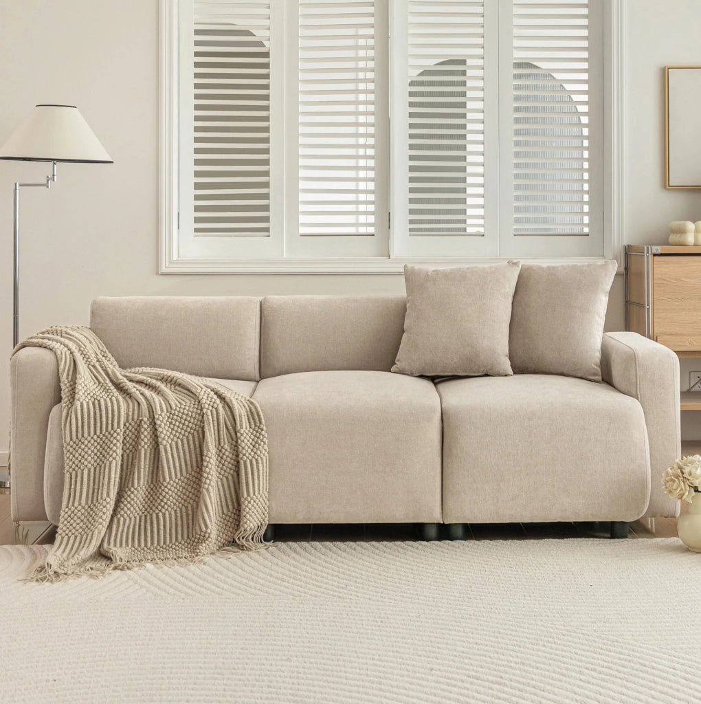 Divano 3 posti in ciniglia beige con 2 cuscini, 211 cm