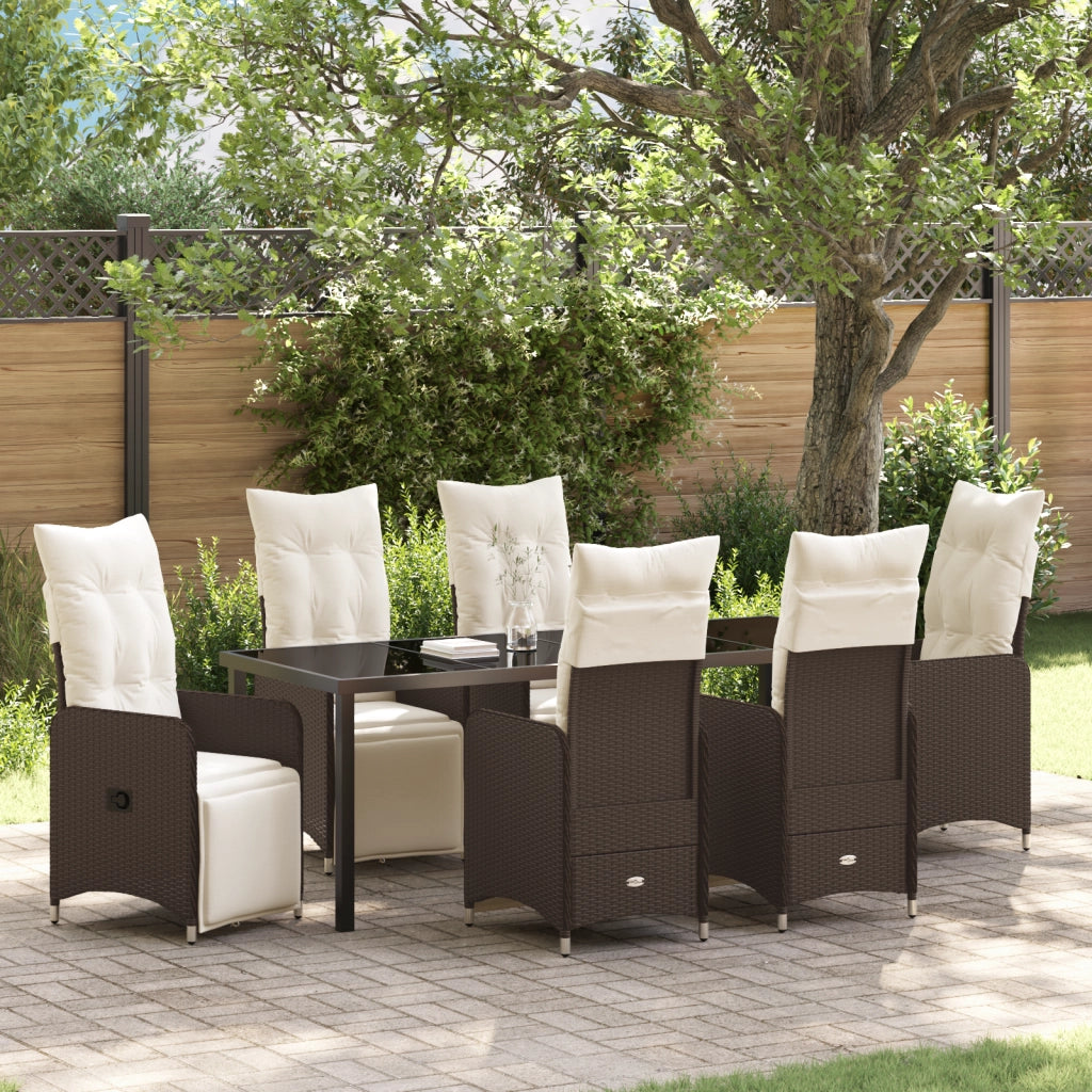 Set da Pranzo da Giardino 7 Pezzi con Cuscini in Polyrattan Marrone