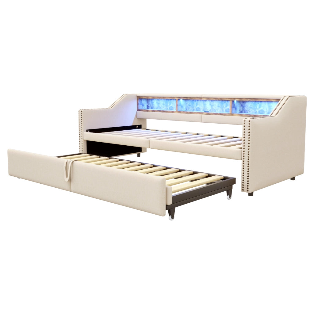 Letto estraibile imbottito matrimoniale e singolo 90×200 cm e 180×200 cm con LED; USB; ripiani; materassi inclusi; beige