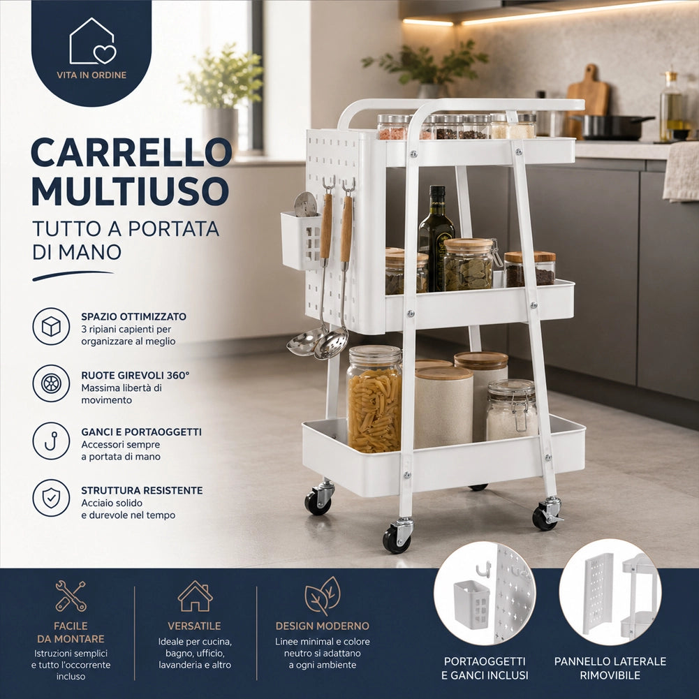 Carrello da Cucina Bianco Acciaio 3 Ripiani Carrellino Salvaspazio 47.5x32x73.5cm