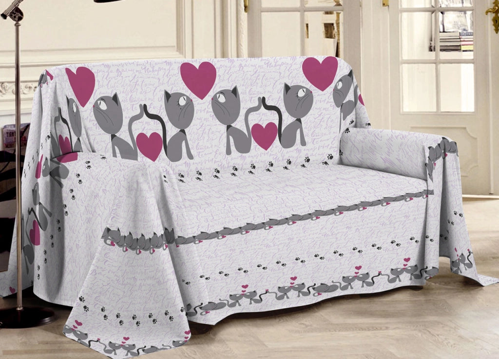 Telo Arredo Multiuso Linea Pensieri Delicati In 100% Cotone Disegno Gattini - Matrimoniale - Rosa