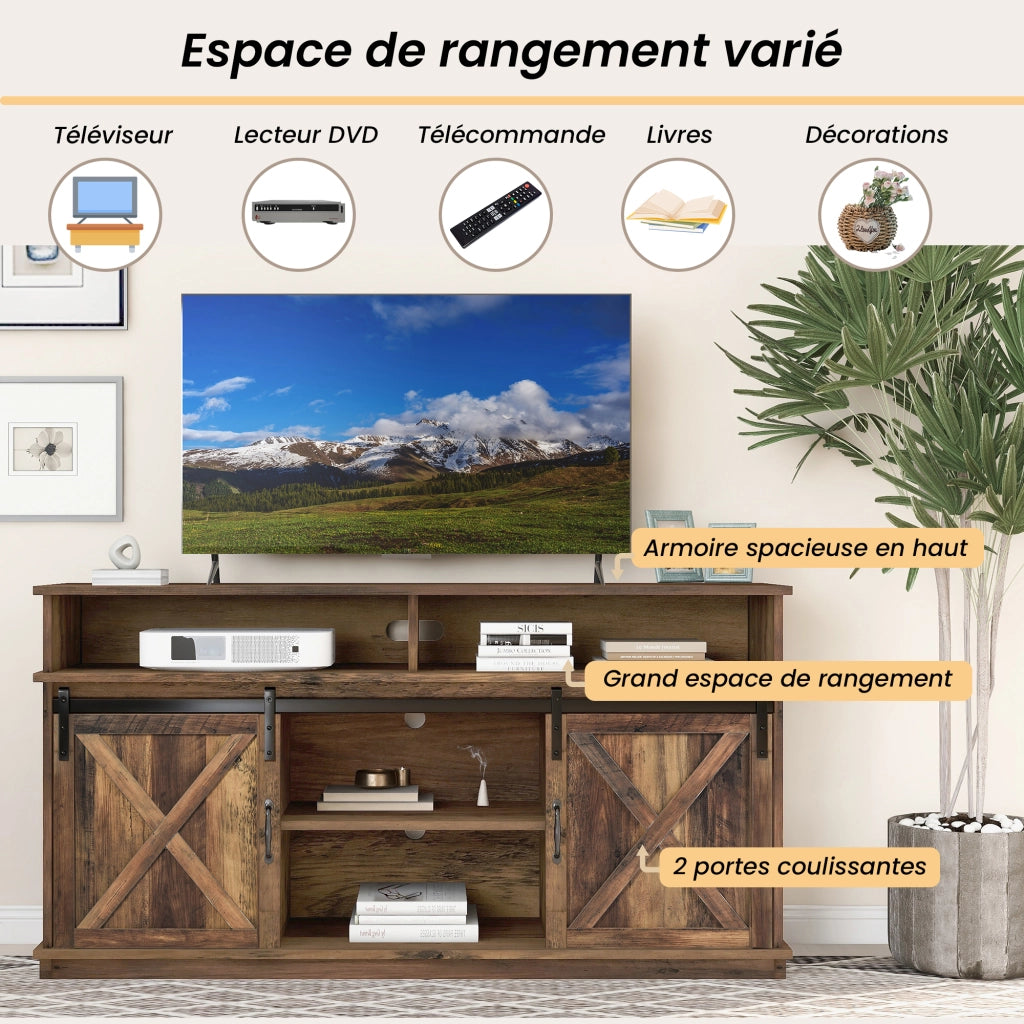 Mobile Porta TV con 2 Ante Scorrevoli e 2 Vani Aperti; Ripiani Regolabili; Stile Country; in Pannello Truciolare; Marrone; 148¡Á40¡Á78 cm