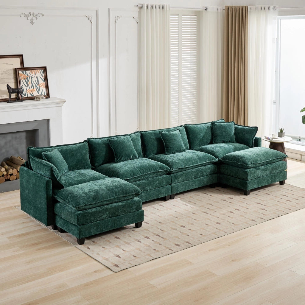 Divano modulare 4 posti in ciniglia con cuscini ergonomici e seduta a doppio strato, per soggiorno e appartamento, verde