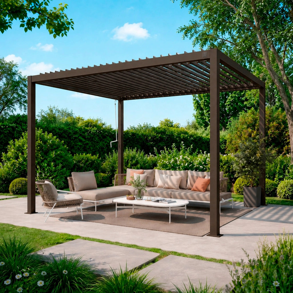 Gazebo Pergola Bioclimatica Con Lamelle Regolabili Sistema Di Deflusso Dell Acqua Struttura In Alluminio E Acciaio Resistente Ai Raggi UV Ideale Per Giardino Terrazza E Piscina 3x4 Metri Marrone Opaco