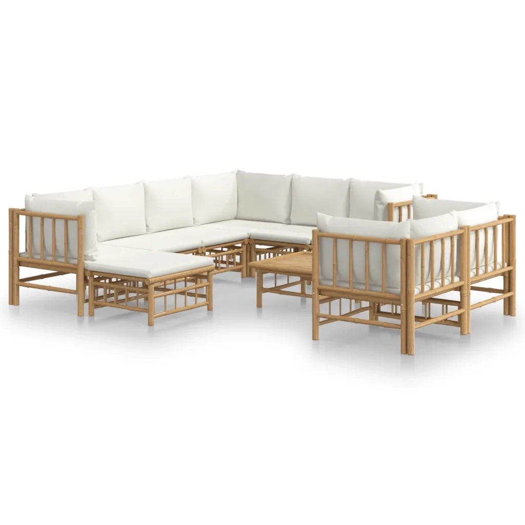Set Salotto da Giardino 10pz con Cuscini Bianco Crema in Bambù 3155192