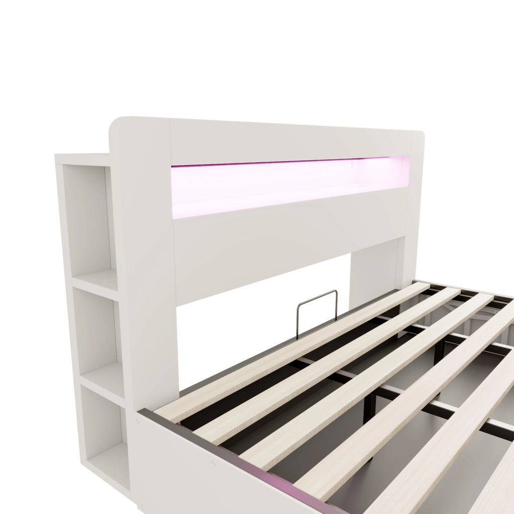 Letto contenitore 180 × 200 cm con sollevamento idraulico, LED, prese e ripiani, senza materasso, bianco
