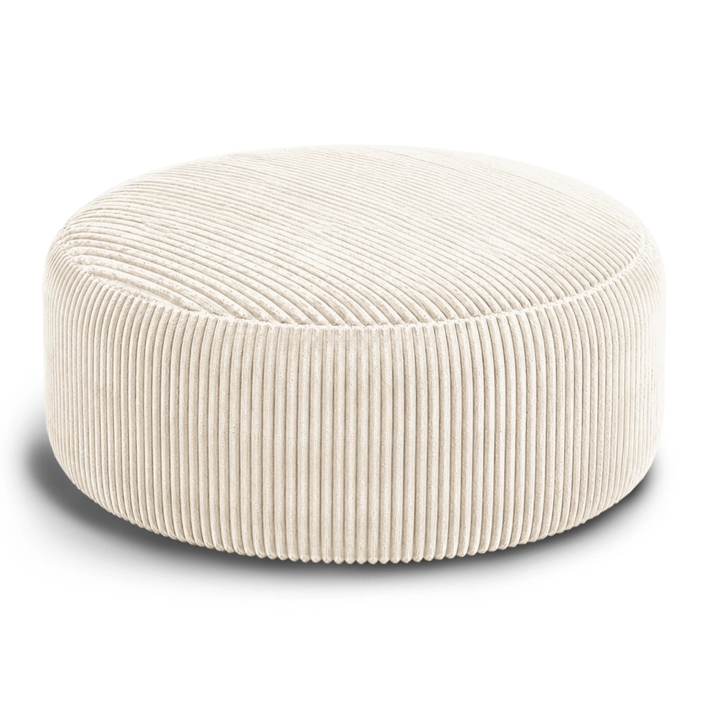 Fauteuil pouf rotondo con imbottitura in memory foam granulare e fodera in velluto a coste bianco