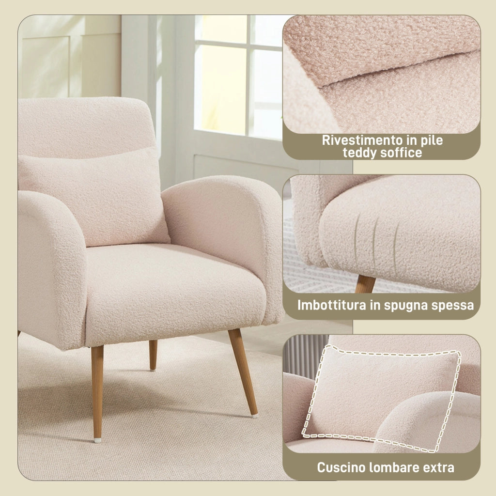 Poltrona Relax Moderna in Tessuto Teddy con Cuscino Sfoderabile ¨C Zephmum ¨C Beige 77x77x83 cm