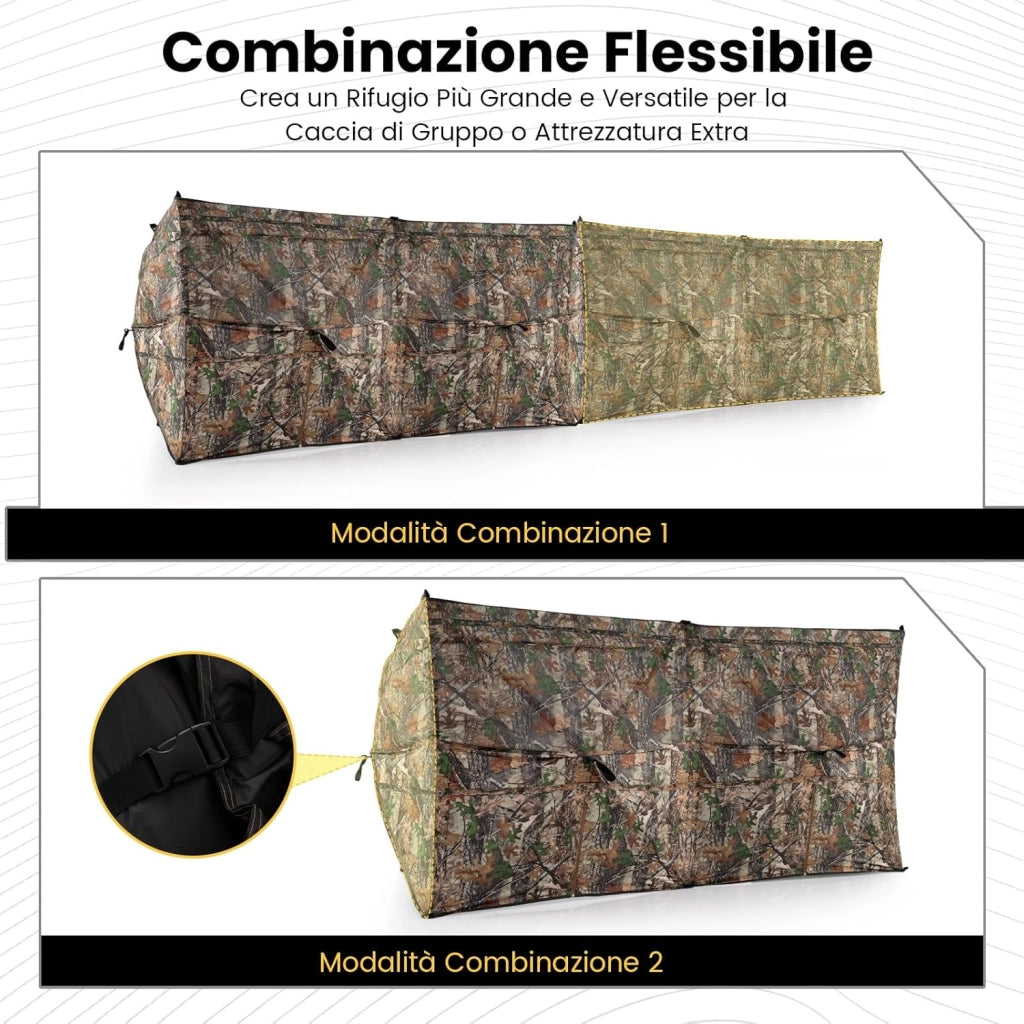 Barriera di Caccia Mimetico a 3 Lati Portatile 360°, Nascondiglio Pop-up 1-3 Persone con Porta per Cani, Tessuto Oxford con Borsa Trasporto, per Fotografia Naturale e Caccia