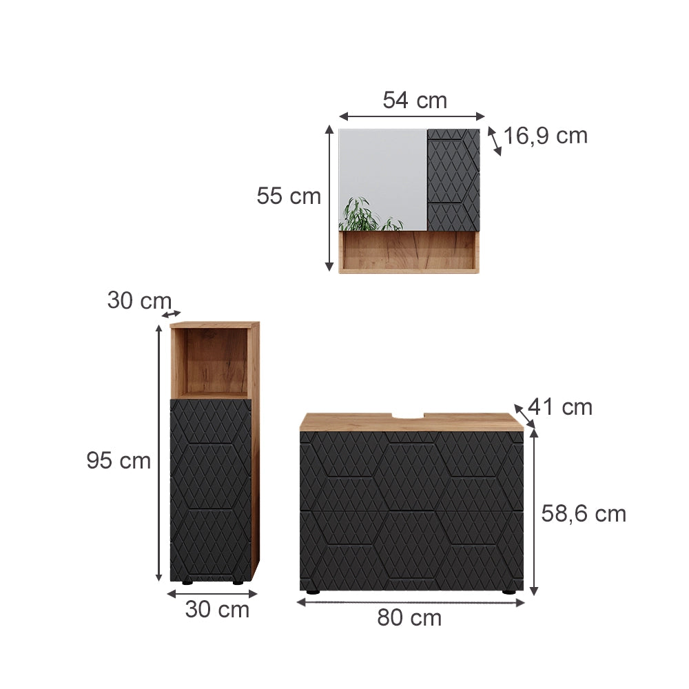 Vicco Set mobili bagno Antracite con struttura a nido d'ape 3 pezzi, con cabinet midi