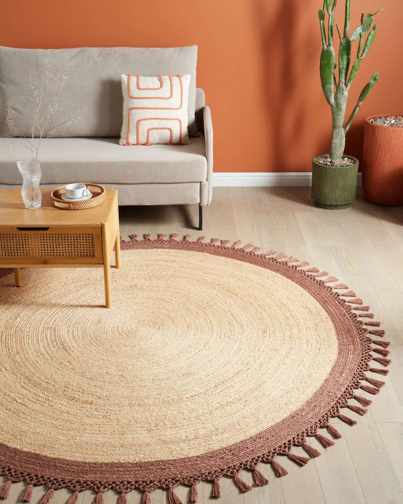Tappeto Beige e Marrone Rotondo 200 cm Boho Rustico Spirale Intrecciato Fatto a mano Juta Naturale Camera da letto Soggiorno
