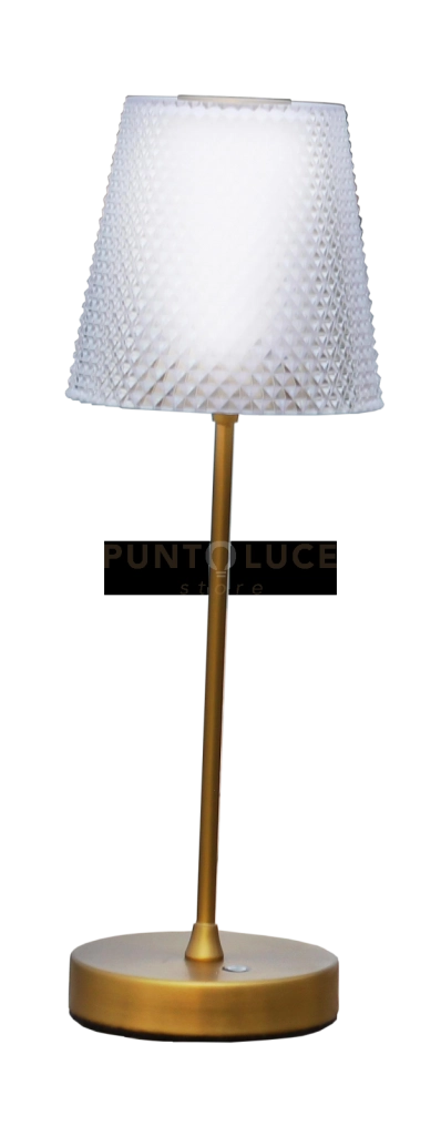 LA ANGINA-A O Lampada da tavola paralume acrilico lavorato ricaricabile ottone spazzolato 7W 3600K, dimmerabile 30-60-100%, lumen 630