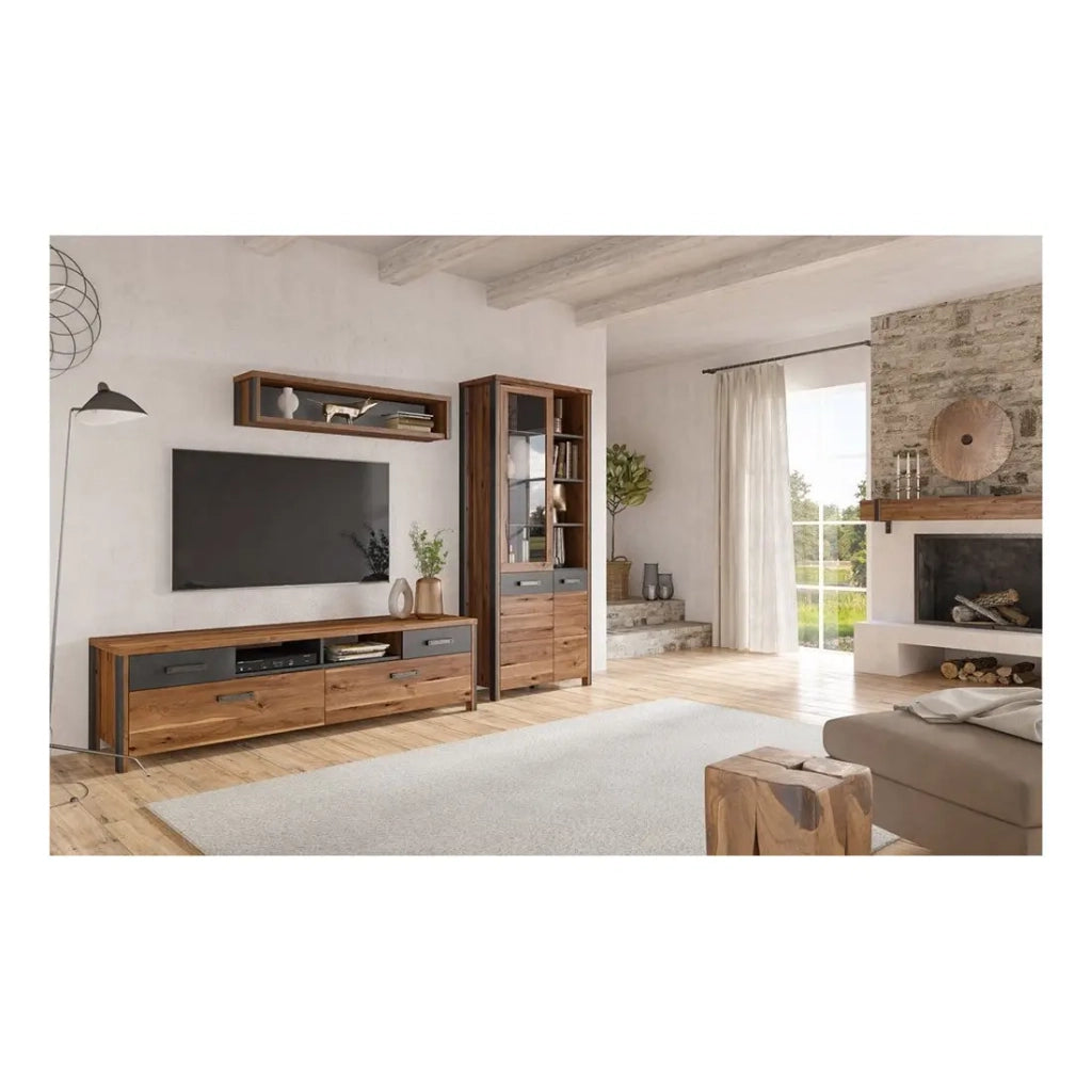 Vetrina collezione WINDSOR. Colori rovere scuro e grigio antracite.