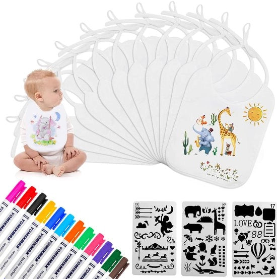 Set di pennelli per schilderia 12 pezzi, schilderia per baby shower, 12 pennelli per tessuto e 3 stencil per schilderia, giochi per baby shower per bambini e bambine.