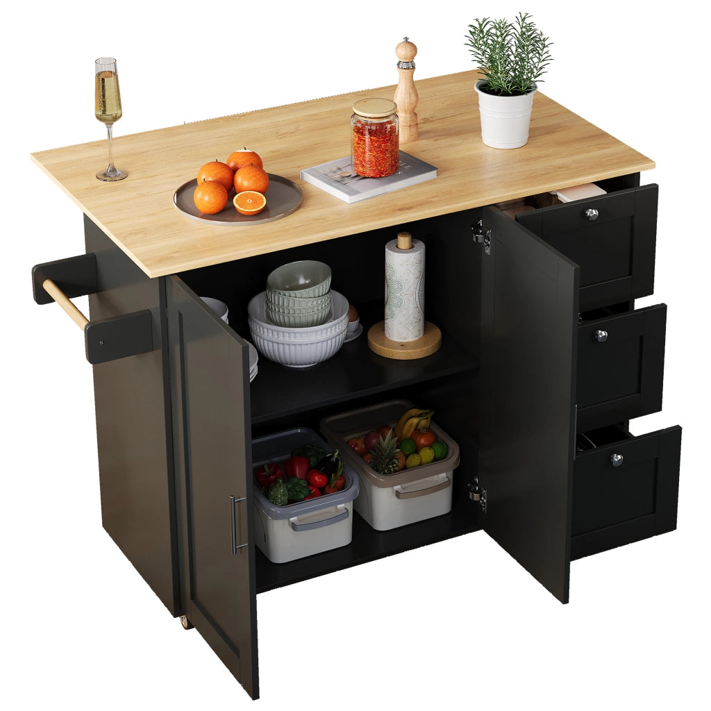 Carrello cucina mobile pieghevole con piano effetto rovere, 3 cassetti, armadio a 2 ante, ruote frenanti