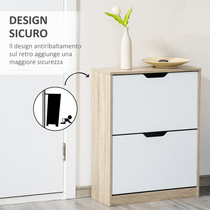 Scarpiera Slim Salvaspazio 2 Cassetti a Ribalta 8 Paisa di Scarpe 62,5x26x81 cm Legno e Bianco