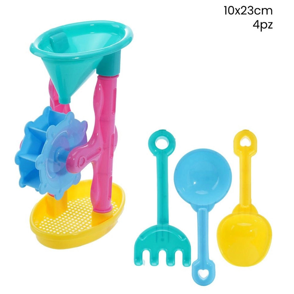 Trade Shop - Set Giochi Da Spiaggia Per Bambini 4pz Con Mulino Rastrello Palette 10x23cm 258268 -