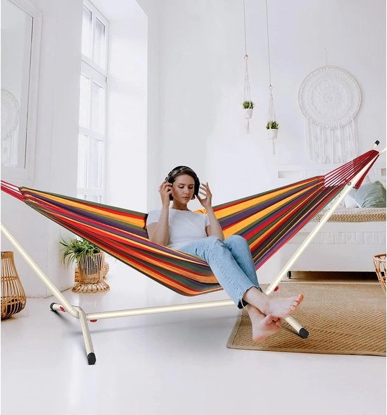 Hangmat con supporto e cinture per albero, montaggio semplice e struttura portatile per tenda da campeggio per interni/esterni, giardino, patio, balcone, veranda, capacità 250KG