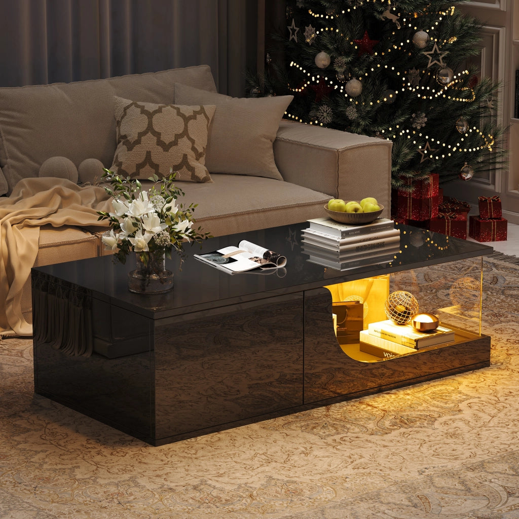 Tavolino da caffè con 2 cassetti e LED; per soggiorno; in MDF e vetro; 100 x 50 x 30 cm; nero