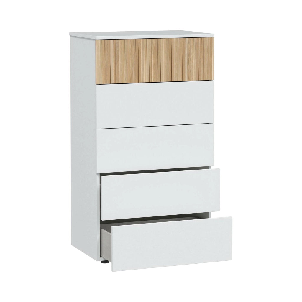 Cassettiera Asiatica, Settimanale a 5 cassetti, Mobile Comò per camera da letto, Comò moderno, 61x40h109 cm, Bianco e Rovere