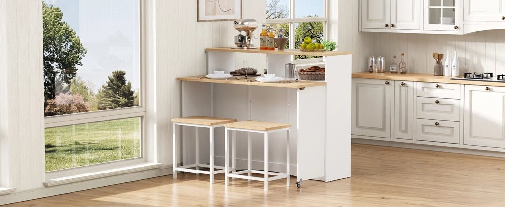 Mobile cucina con piano ribaltabile e 2 sgabelli ripiani regolabili e vani aperti per cucina e sala pranzo bianco