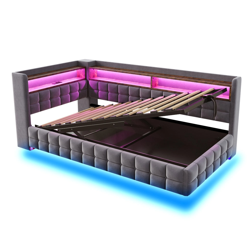 Letto singolo imbottito 90x200 cm con contenitore idraulico; LED e prese USB-C; grigio
