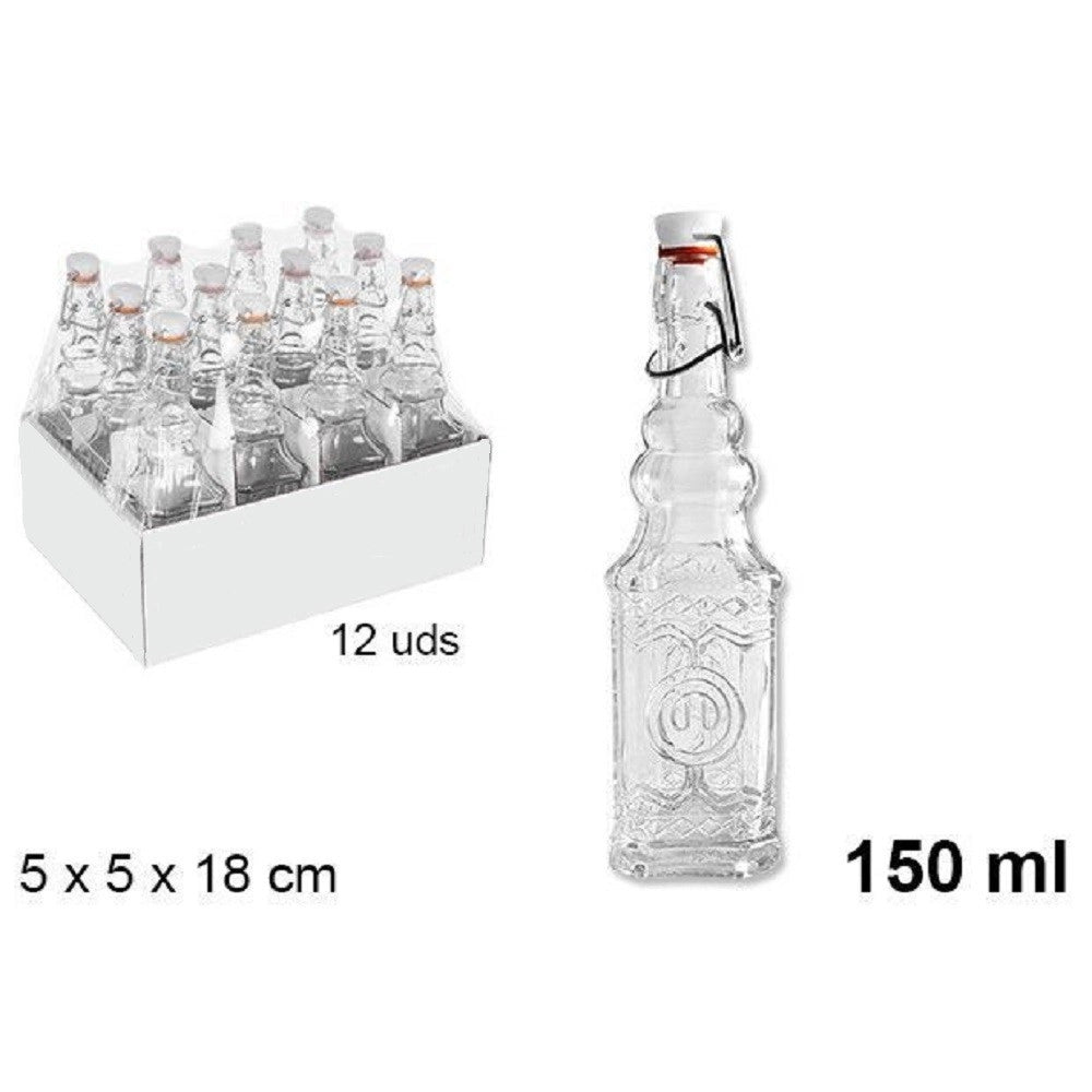 Trade Shop - Set 12 Pz Bottiglie In Vetro Quadrata Decorata Con Tappo Meccanico 150 Ml 108008 -
