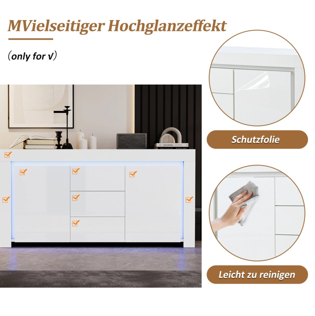 Credenza bianca lucida con 2 ante, 3 cassetti e LED