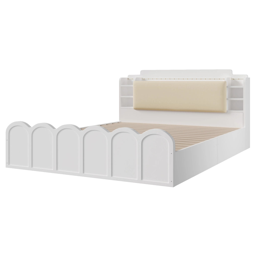 Letto 140x200 cm con contenitore; LED e USB in truciolare bianco
