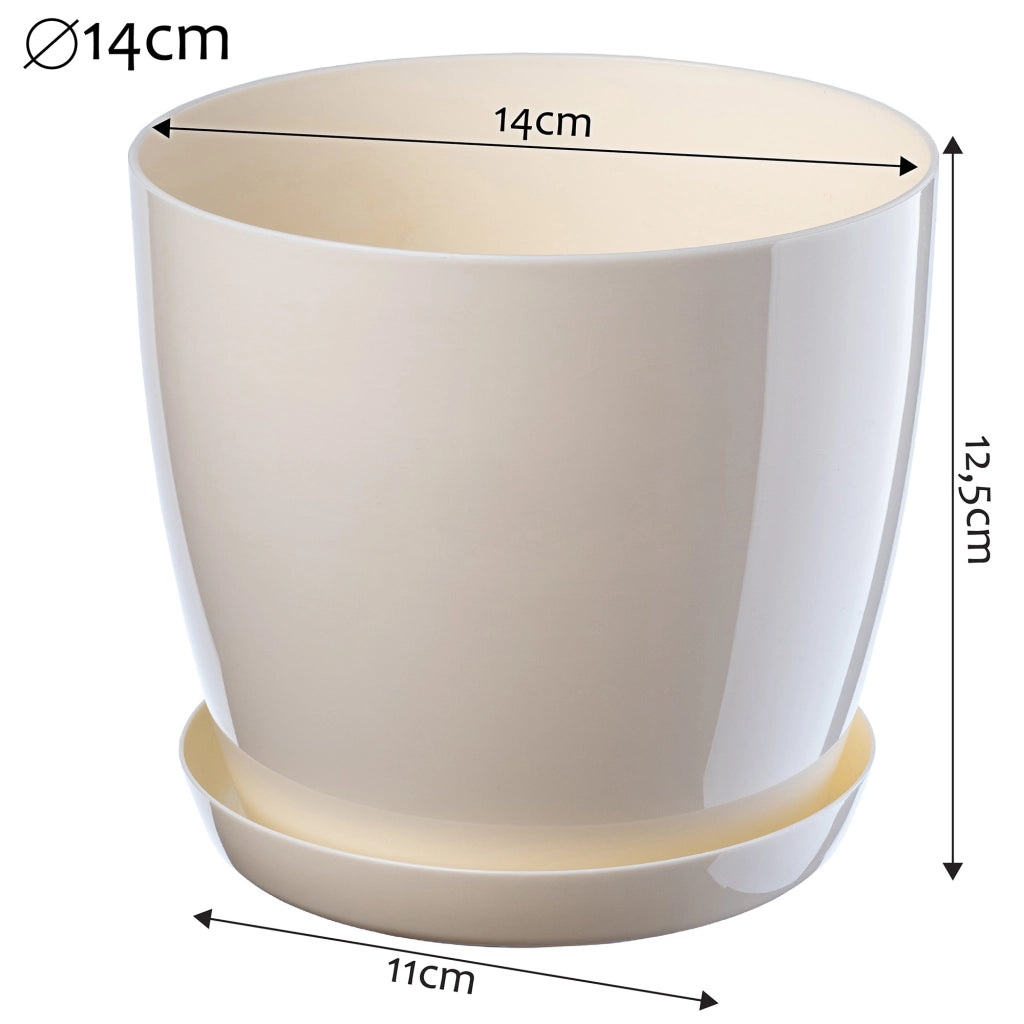 Vaso da fiori KADAX con sottovaso, coperchio in plastica, 14 cm, colore crema, Kadax