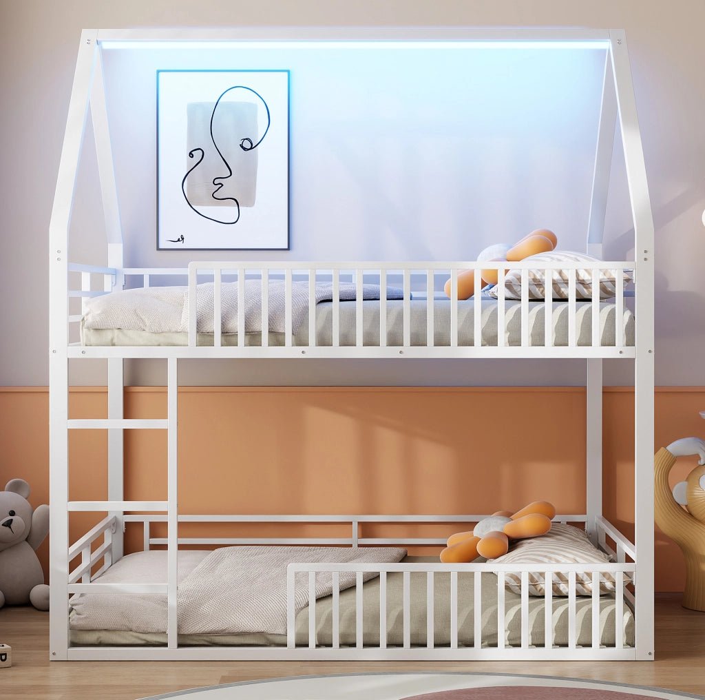 Letto a soppalco a casetta 140x200 cm con LED, bianco