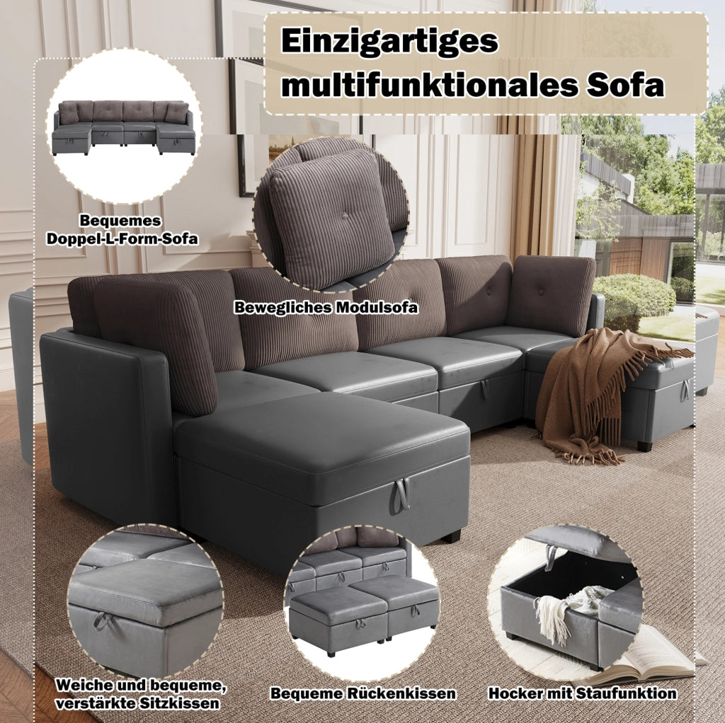 Divano modulare a U 6 posti con contenitore grigio antico