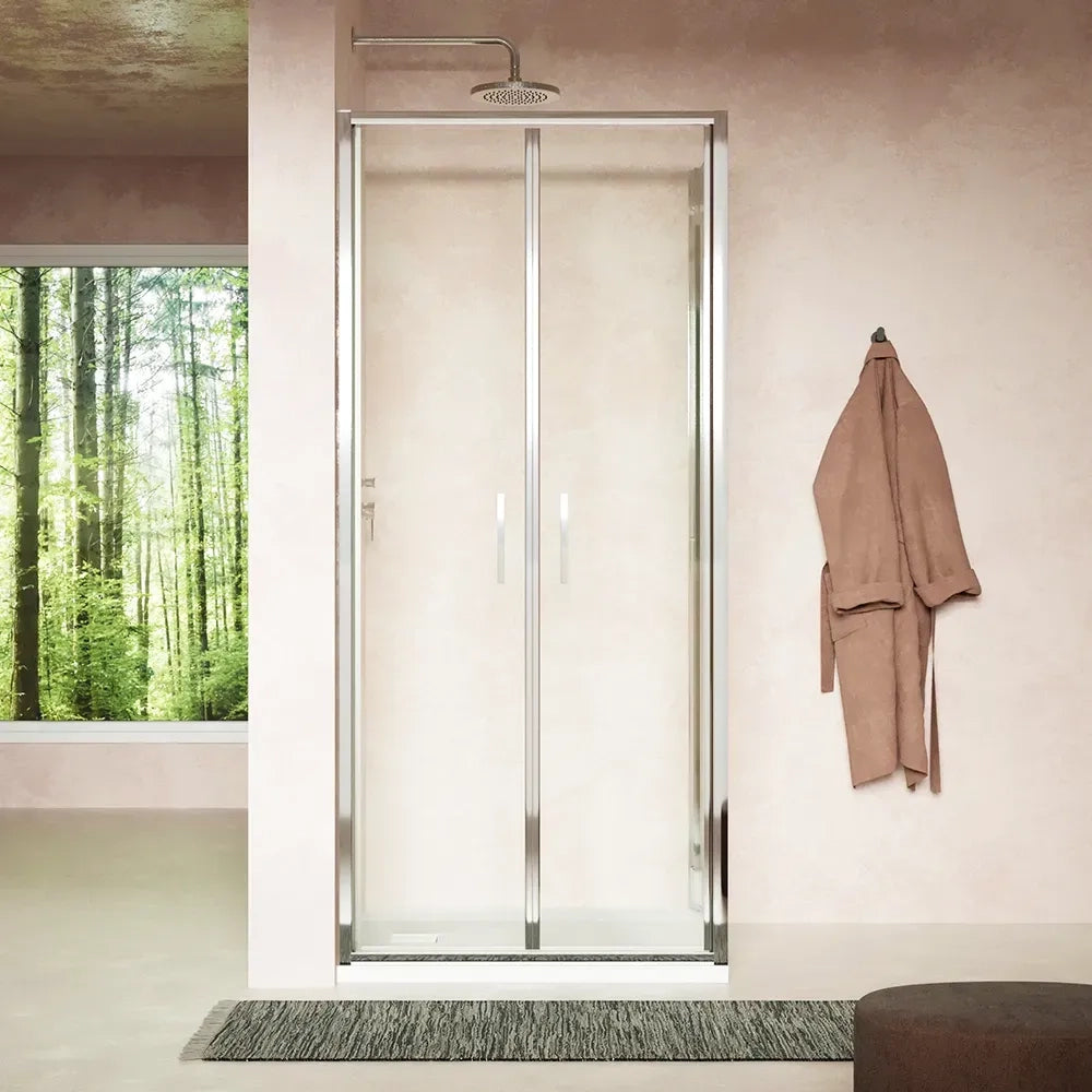 Box doccia slim 75x70cm con porta saloon e parete fissa profili cromati e vetro 6mm trasparente h190| Portofino