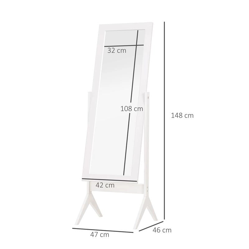 SPECCHIO A FIGURA INTERA CON 4 GAMBE E ANGOLAZIONE REGOLABILE, IN LEGNO E VETRO, 47X46X148 CM, BIANCO