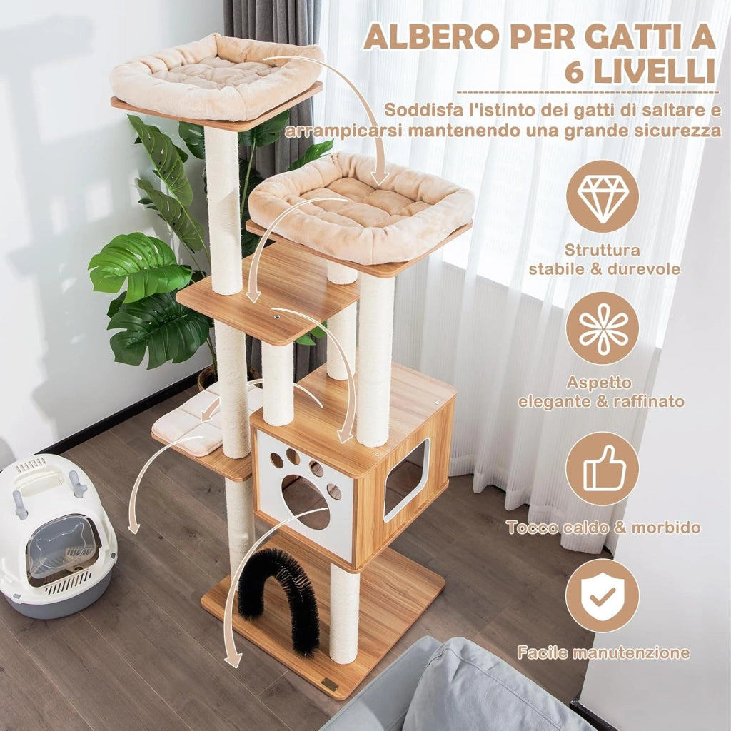 Albero Tiragraffi per Gatti 176 cm, Tiragraffi per Gatti con 2 Trespoli in Tessuto Felpato, Arco Massaggiante, Cuccia Spaziosa, Pali in Sisal e Tapettini Lavabili, Ideale per Gatti Grandi