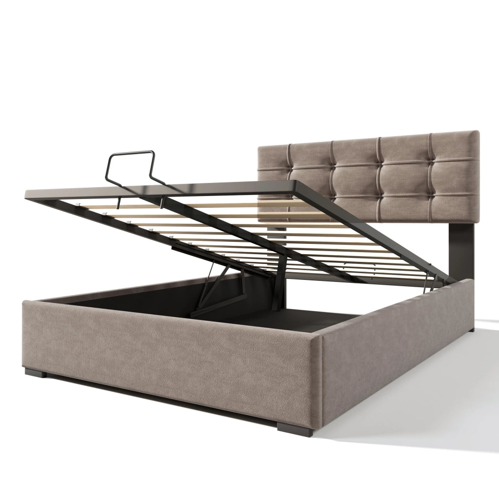 Letto matrimoniale imbottito 140x200 cm in velluto grigio chiaro con contenitore e testiera regolabile