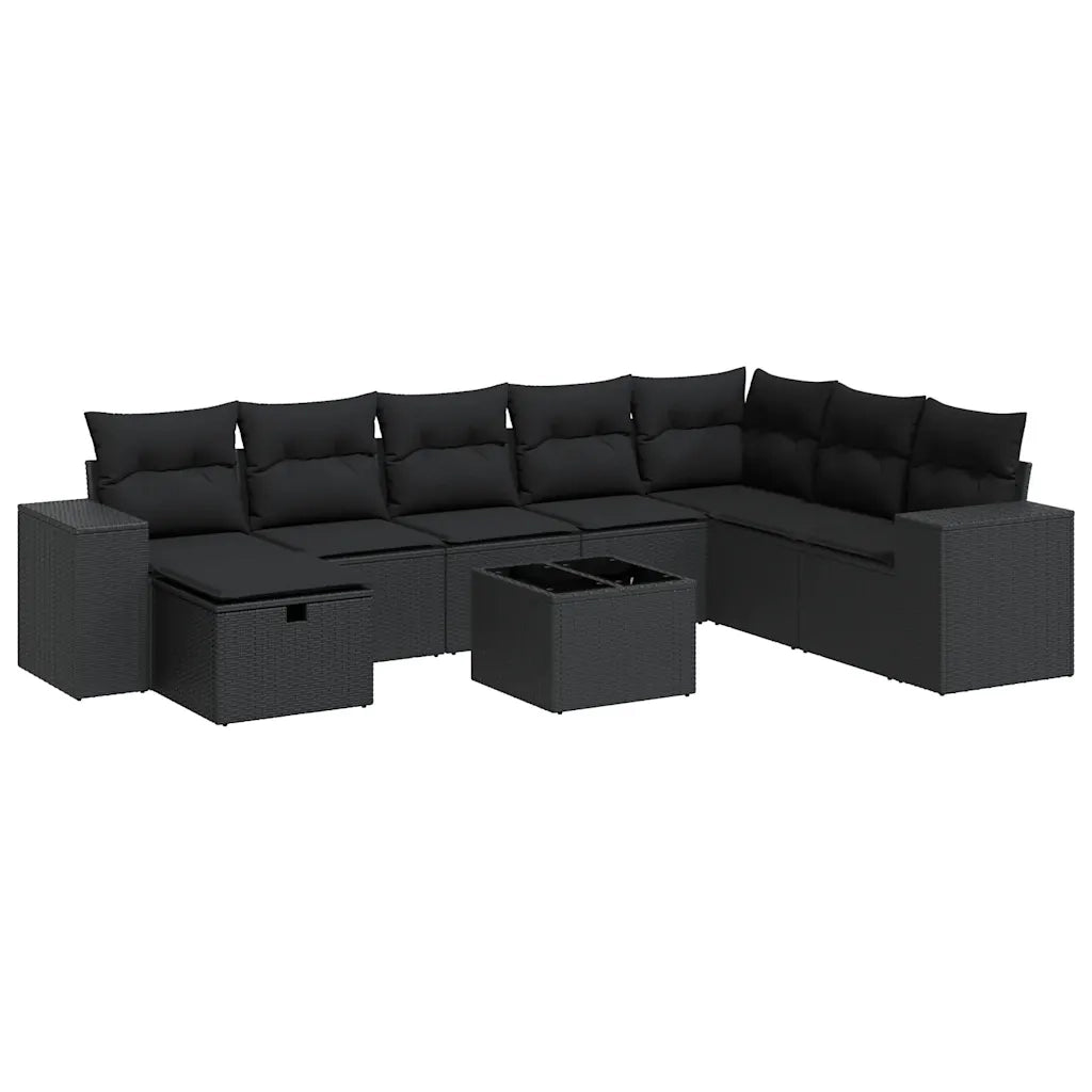 vidaXL Set Divani da Giardino 9 pz con Cuscini Nero in Polyrattan