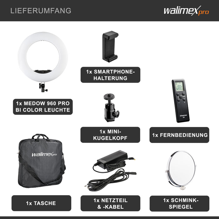 Ring light a LED Medow 960 Bi-Color, 3200-5500 K, Luce ad anello da 96 W per foto e video con telecomando, compatibile con treppiedi fotografici