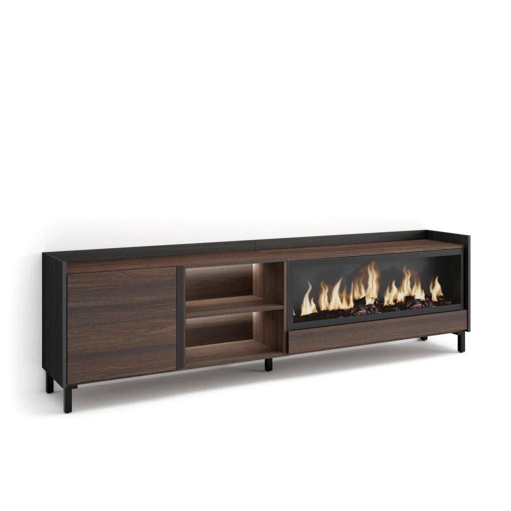 Mobile TV Soggiorno, 212x61x35 cm, Per TV fino a 80", Camino elettrico XXL, Design industriale, LED, Rovere scuro e Nero