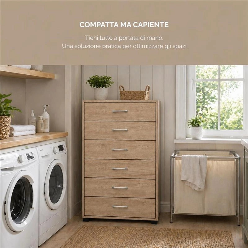 CASSETTIERA IN LEGNO CON SEI CASSETTI E PIANO D 'APPOGGIO COLORE ROVERE DIMENSIONI 68X40X120 CM