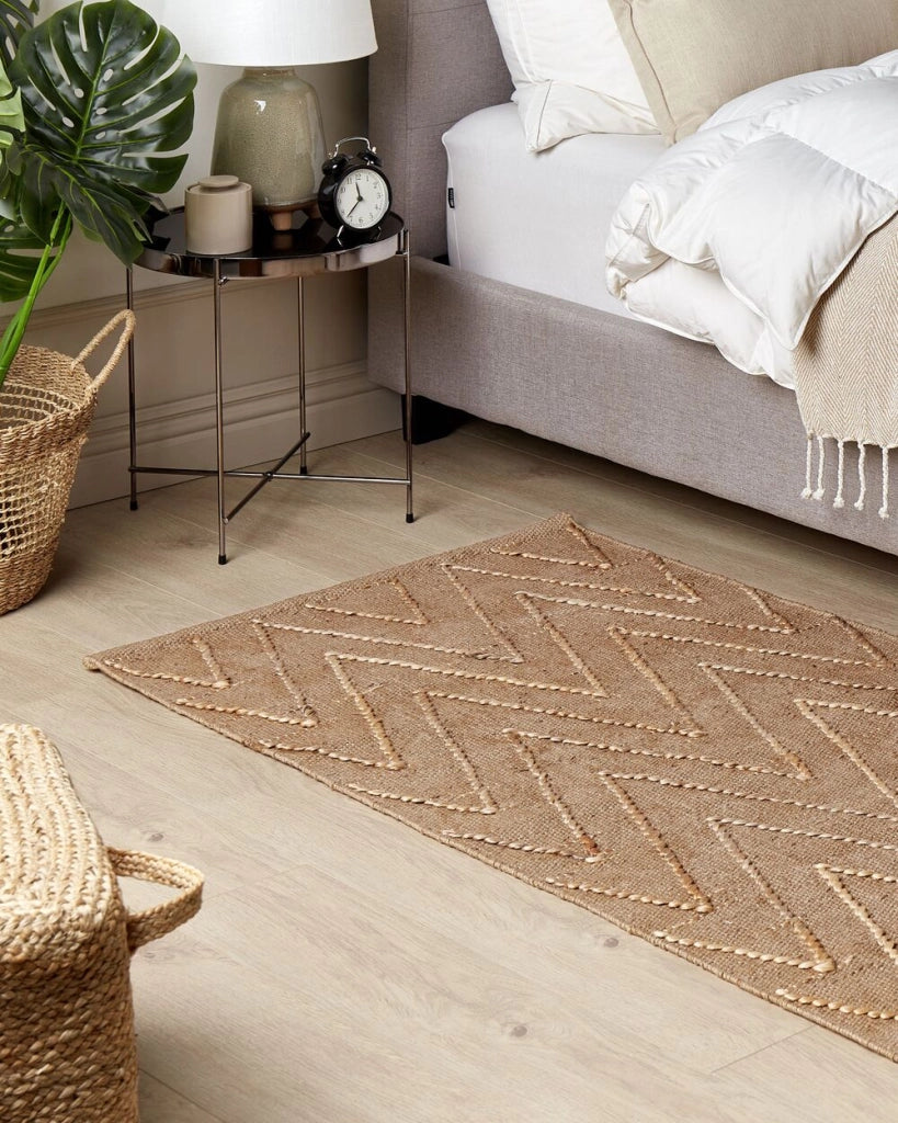 Tappeto in iuta beige con motivo a zigzag beige 80 x 150 cm fatto a mano soggiorno camera da letto stile boho