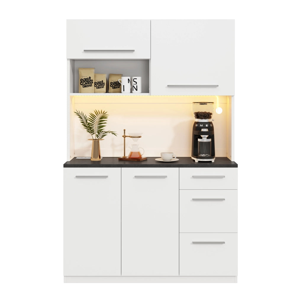 Credenza da soggiorno con ampio spazio di archiviazione, prese integrate, USB-A/USB-C e illuminazione LED, bianco, 120 × 40 × 180 cm