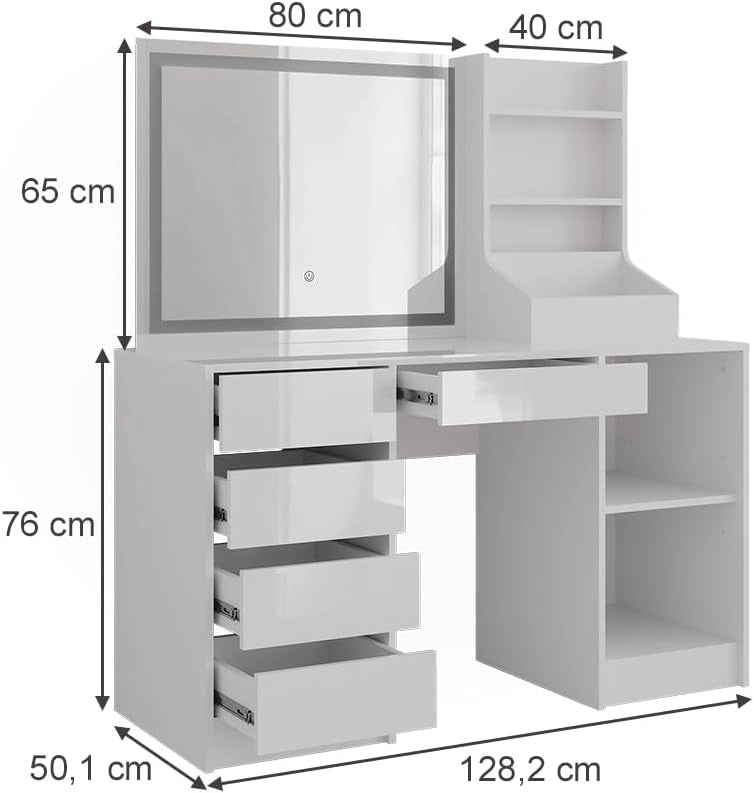 Tavolo da toeletta Sherry, Bianco/bianco lucido, 128.2 cm 3 parti