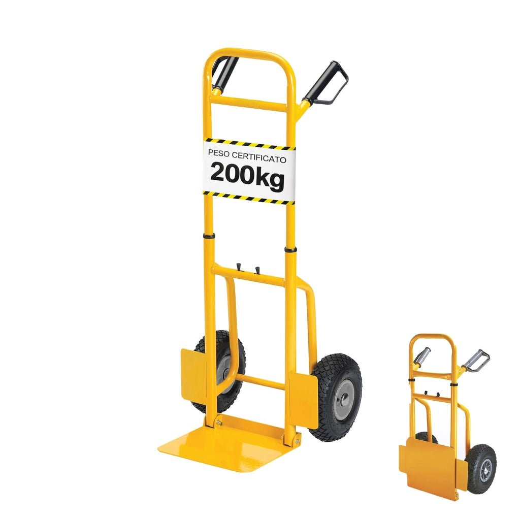 Carrello con manico telescopico richiudibile in acciaio ruote pneumatiche 200 kg