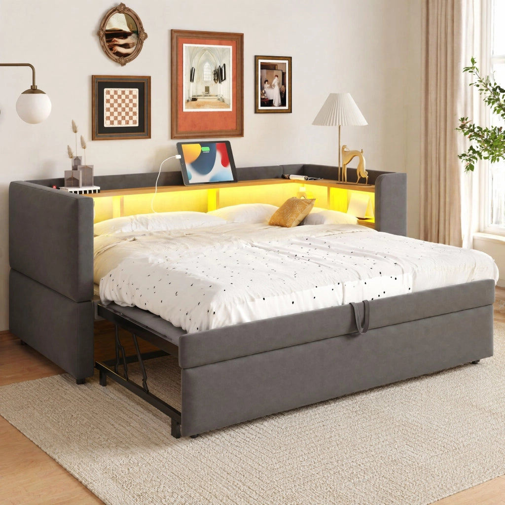 Divano letto imbottito convertibile 90/180 x 190 cm con LED, prese elettriche e vani contenitore, grigio scuro