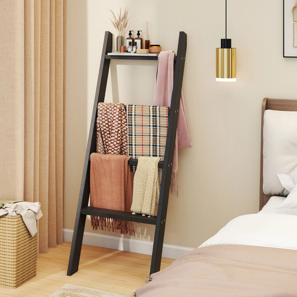 Mensola a scala a 4 livelli da appoggio a muro per esposizione e conservazione, Scala per coperte per piante rustico per bagno Nero-Portasciugamani