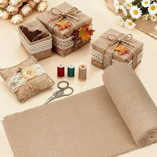 Tessuto di Juta a Fazzoletti 10 m x 31 cm - Tela di Juta - Bordo a Fiore - Decorazione Rustica - Progetti di Fai da Te - Respirabile e Sostenibile - Rotolo di Juta