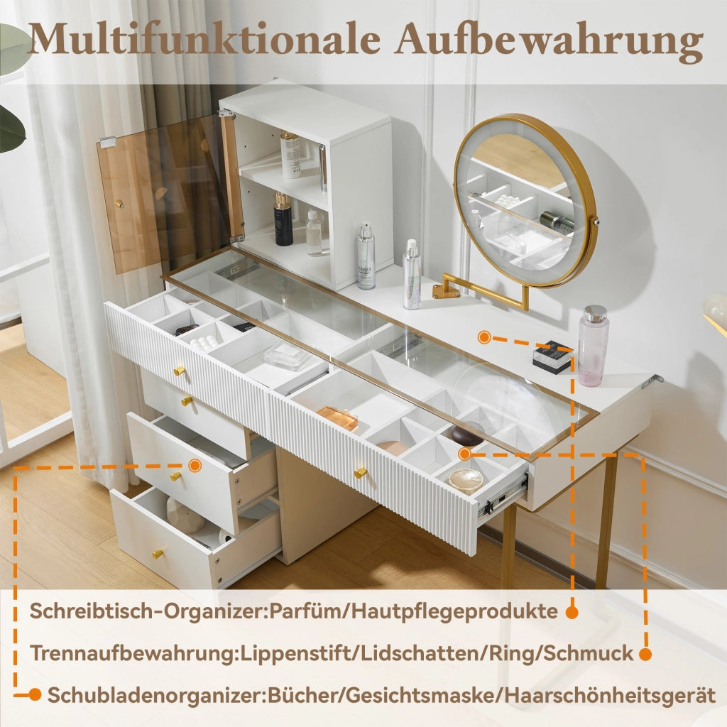 Toeletta con specchio LED a 3 colori - per camera da letto - 120×45×115 cm - bianco